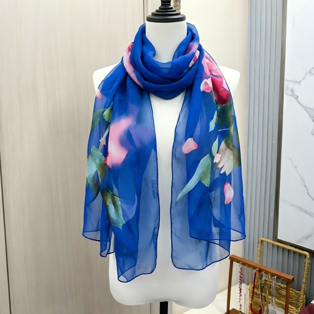 Écharpe en mousseline de soie georgette pour femme, châle long et fin, foulard rond doux, écharpes de plage, foulard féminin, imprimé fleur rose, mode
