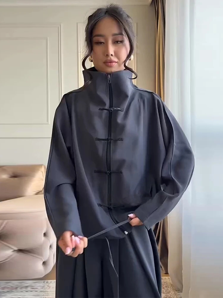 Ensemble tailleur femme 2 pièces, veste décontractée à manches chauve-souris et cordon de serrage, pantalon drapé taille haute, ensemble pantalon chic d'automne pour femme