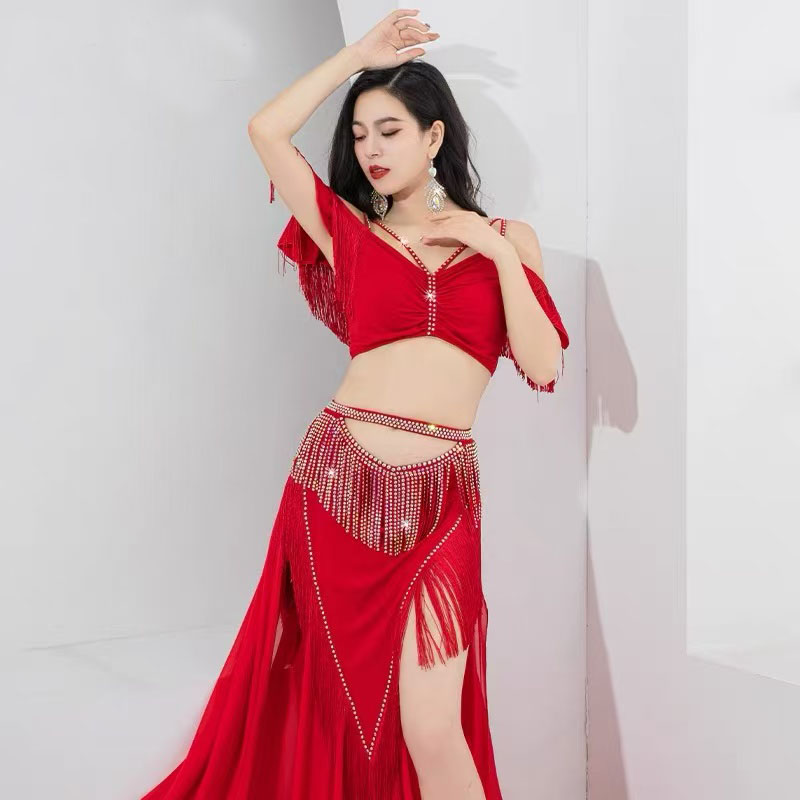 Ensemble de costumes de danse du ventre pour femmes, tenue de danse orientale, Costumes de compétition de groupe, jupe longue Shimmy à franges avec écharpe triangulaire