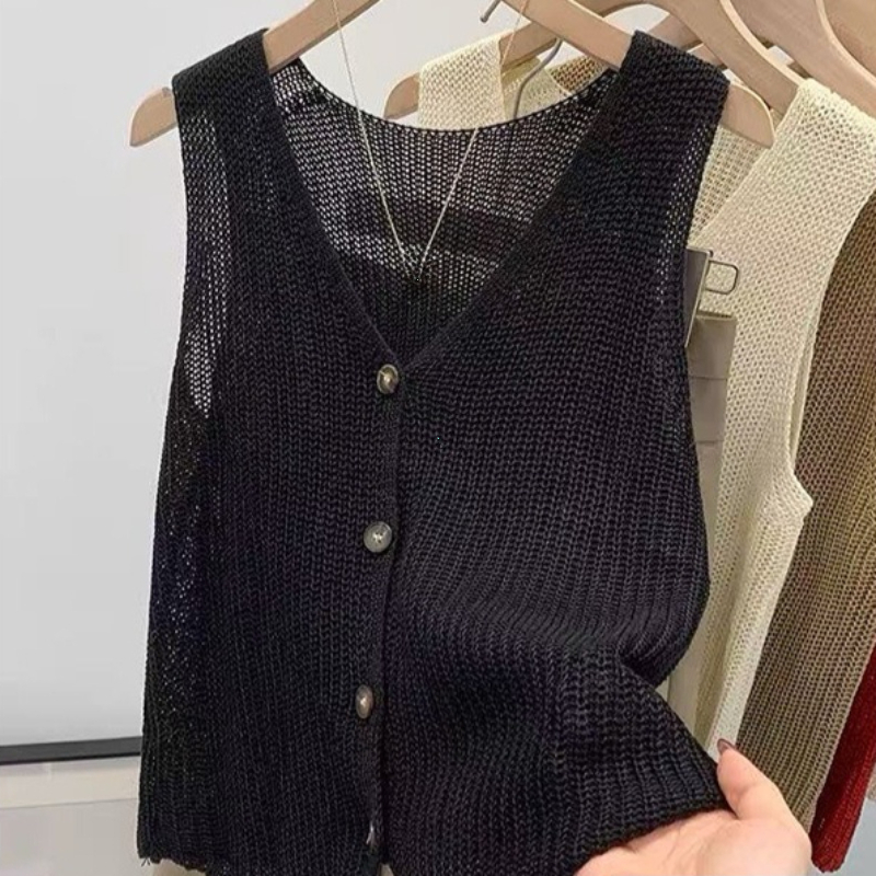 Gilet décontracté en coton et lin coréen pour femme, couleur unie, col en V, coupe ample, idéal pour l'été