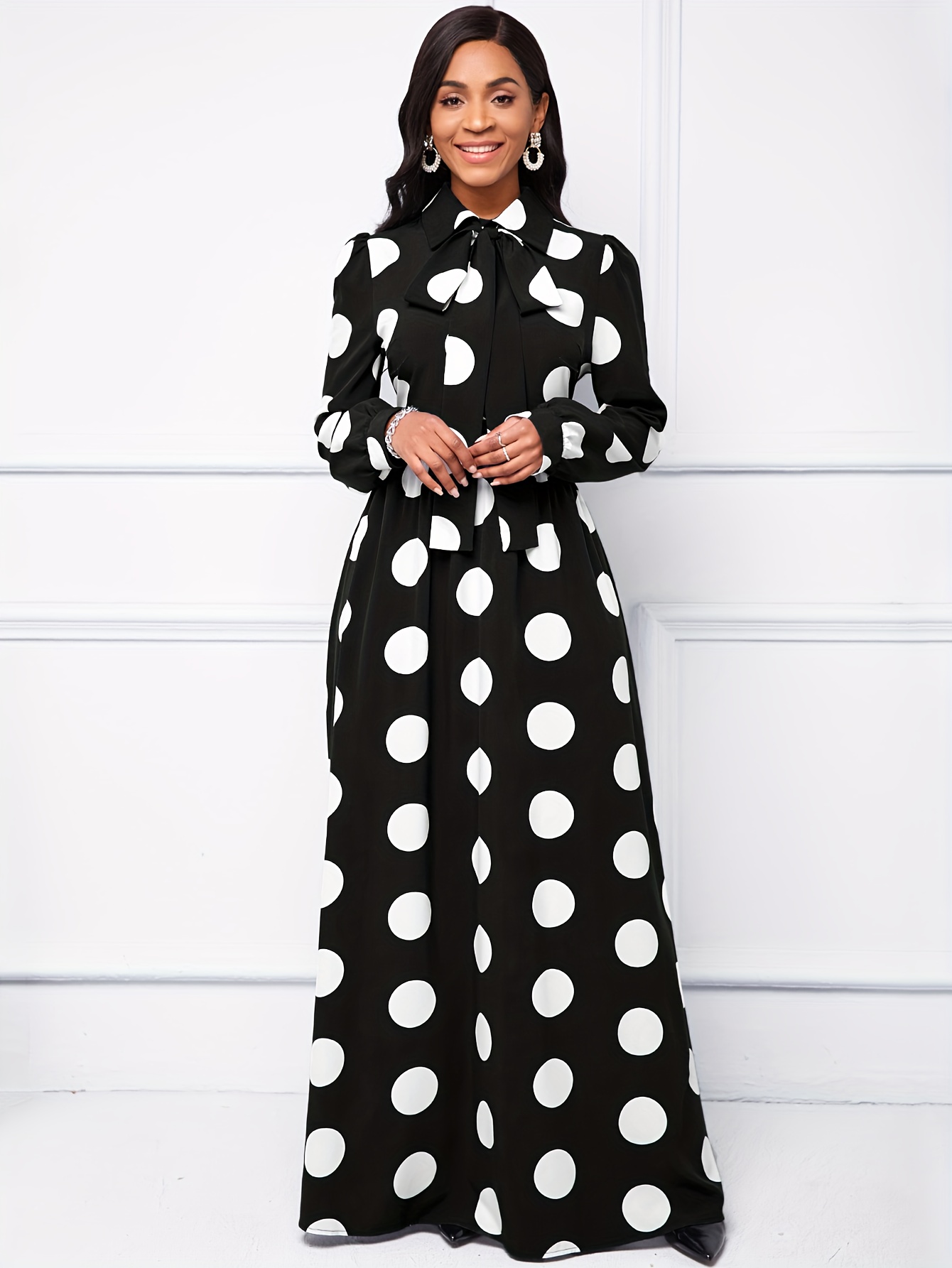 Robe maxi à manches longues pour femmes, robes décontractées pour femmes, robe élégante pour filles, nœud papillon, pois, éducatif