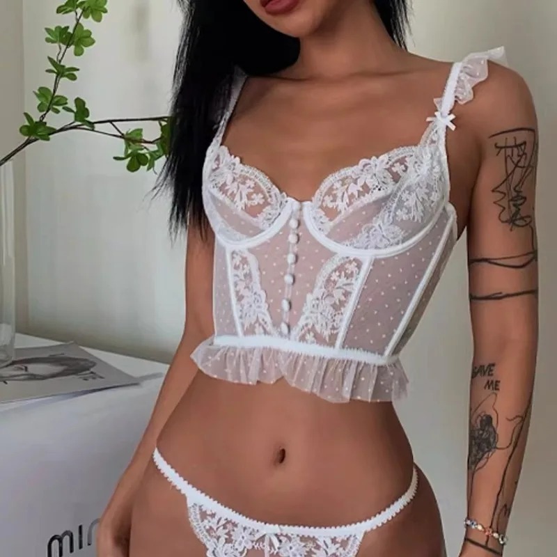 Soutien-gorge bralette dos nu en dentelle avec bonnets froncés, style français, transparent, moulant, avec baleines, style Lolita, pour l'extérieur