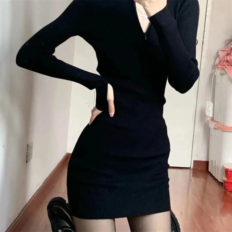 Robe courte taille haute pour femme, manches longues, noir, club sexy, batterie con, mini robe, dames, coréen, basique, automne, hiver, Y2k