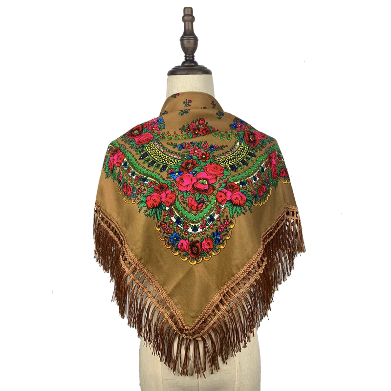 Écharpe de Sauna Carrée à Franges pour Femme, Châle Russe, Imprimé Floral, National, Mouchoir Rétro, Bandana à Glands