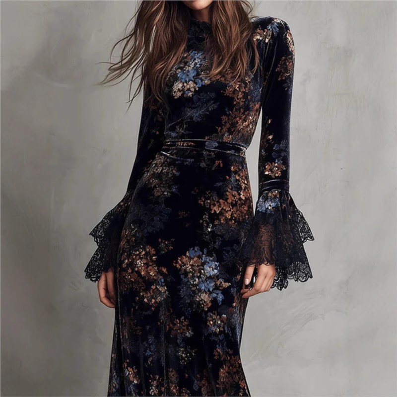 Robe vintage pour femmes en velours à imprimé floral, élégante, à col mi-haut, manches longues, bordure en dentelle, robe moulante, robe maxi décontractée et tendance.