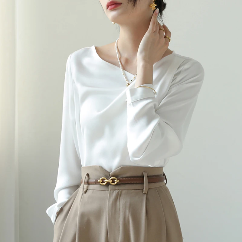 Chemises en Satin pour femmes, nouvelle soie, couleur unie, chemisiers décontractés, amples, vêtements pour dames, mode, manches longues, hauts blancs, printemps/été