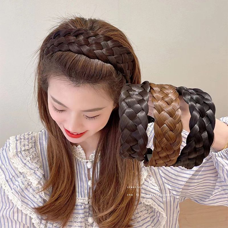 Femmes torsion tresse bandeaux 4.5 cm largeur mode large synthétique perruque bandeaux élastique réglable bohème coiffure postiches