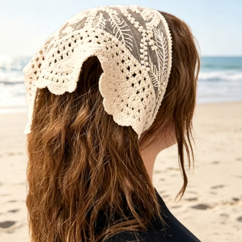 Foulard triangulaire en crochet fait main style coréen, broderie fraise et cerise, bandeau à nouer, écharpe tricotée ajourée pour femme