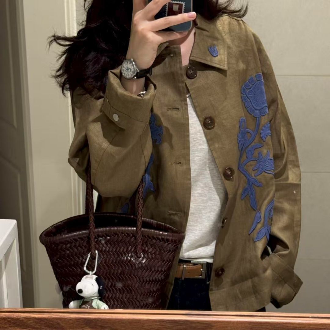 Chemisier de printemps pour femme, style vintage, broderie florale contrastante, veste cardigan ample et polyvalente
