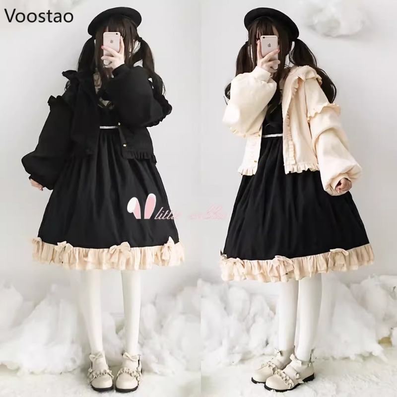 Doux Lolita femmes veste japonais Kawaii à capuche volants manteau Vintage automne hiver hauts vêtements d'extérieur chauds vestes de mode japonaise
