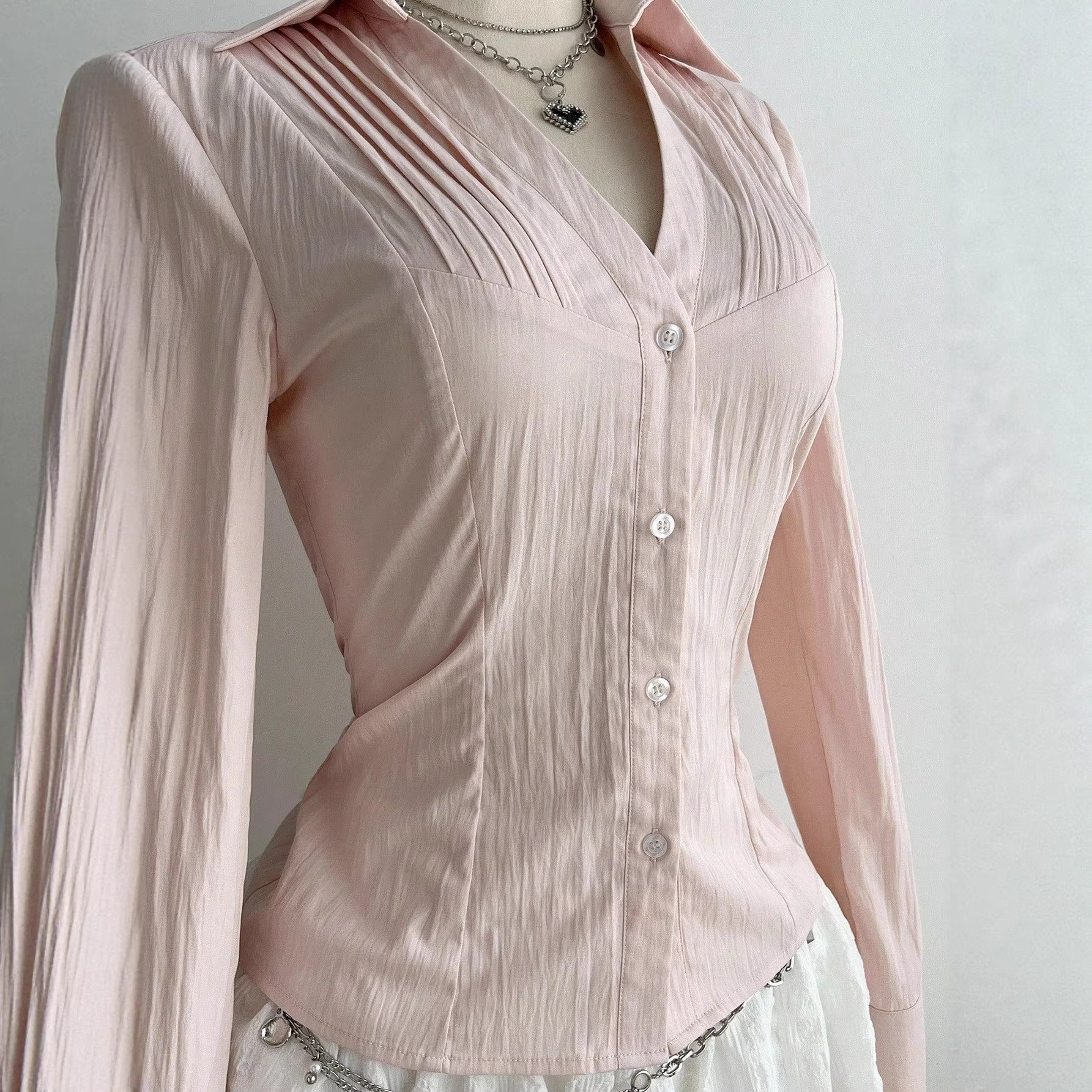Chemisiers Femme Col Rabattu Manches Longues Tops Unis Coupe Ajustée Y2K Streetwear Élégant Chemises de Travail à Empiècements Printemps 2026