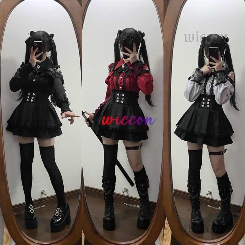 Jirai kei tenue Lolita filles chemise jupe ensemble femmes Kawaii nœud à manches longues Y2K décontracté esthétique chemise Style japonais femmes