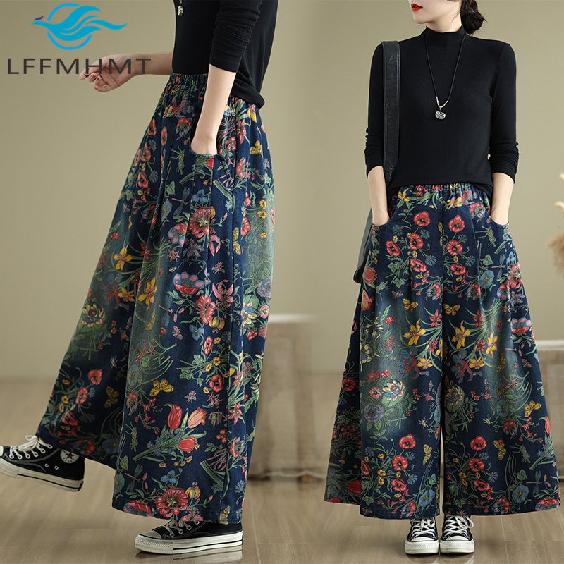 Jean à jambes larges imprimé ethnique et rétro pour femme, nouveau Style, taille élastique, coupe ample, pantalon en Denim polyvalent, décontracté, automne hiver