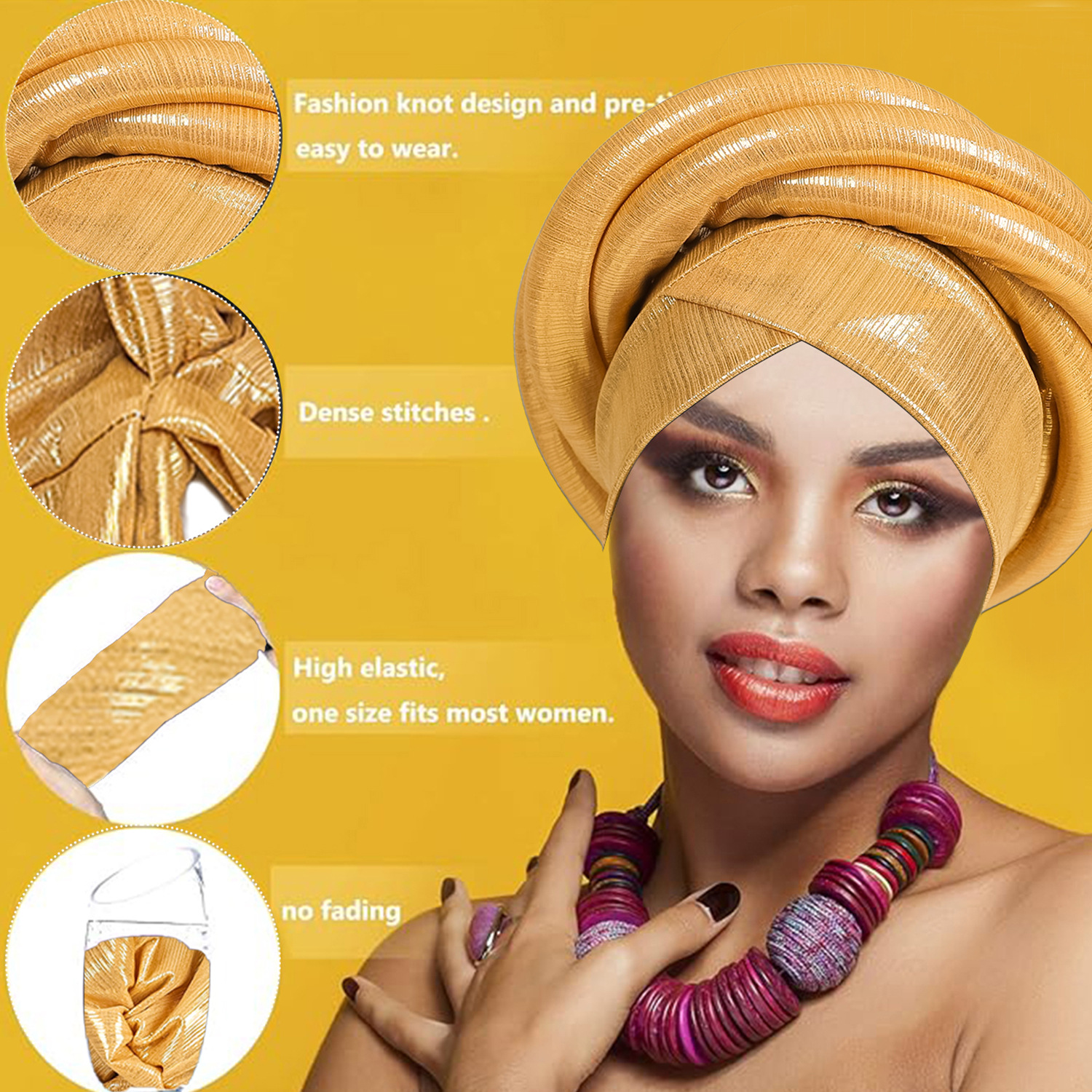 Turban africain brillant pour femme, bonnet élastique torsadé, foulard auto-attachant, couvre-chef pour mariage et fête