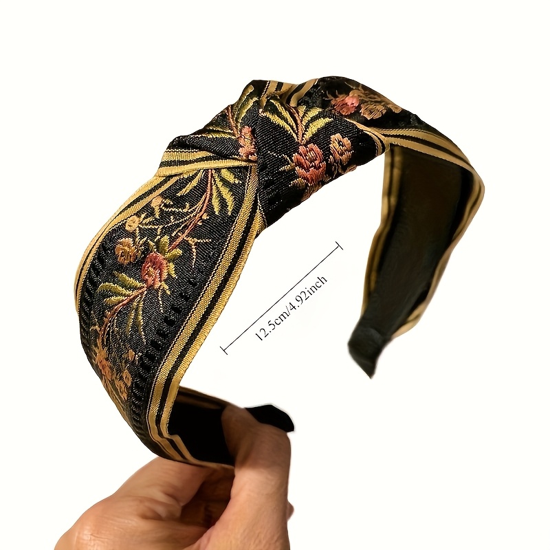 Bandeau Bohème Élégant Noué, Brodé de Motifs Floraux et Botaniques, Large, Accessoire Cheveux pour Femme