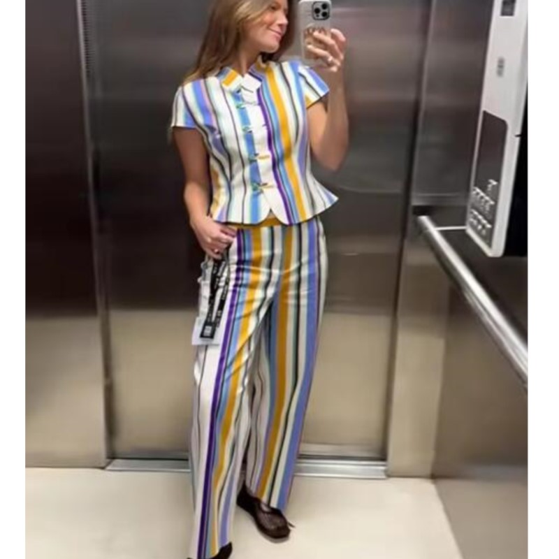 Ensemble 2 pièces décontracté pour femme : Haut à col rond et manches courtes avec nœud, pantalon rayé taille mi-haute à jambe droite
