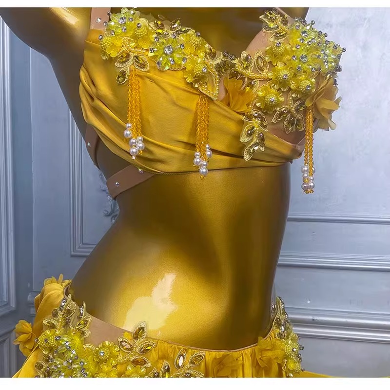 Vêtements de danse du ventre personnalisés, costume de Performance pour femmes, nouvel ensemble de vêtements de danse orientale, robe d'entraînement, vêtements indiens pour femmes, jaune, 2025