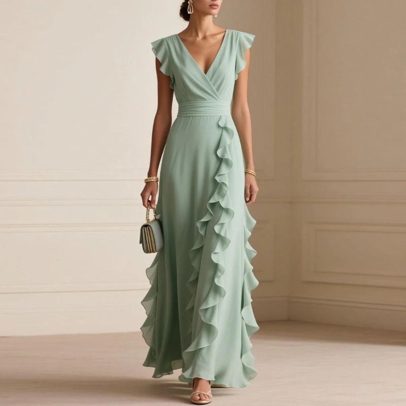 Robe de soirée longue pour femme, sans manches, à volants, coupe A-line, col en V, taille cintrée, plis, robe maxi, été 2026, Vestidos