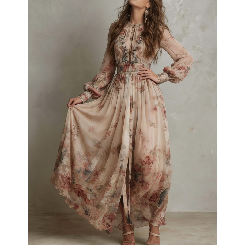 Robe bohème élégante à imprimé floral, taille haute, pour femmes, col rond, ourlet ample, manches longues, robe de vacances, vestidos.