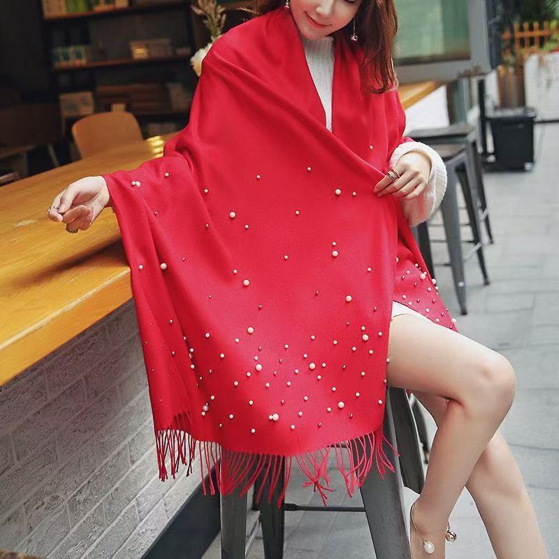 Perles de luxe couleur unie cachemire écharpe femmes hiver chaud Pashmina foulards gland décontracté Bufanda Poncho dame enveloppes châles