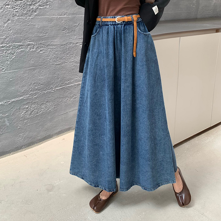Jupe longue évasée en jean délavé style rétro pour femme, taille élastique, printemps-automne