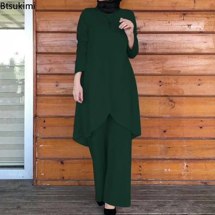 Ensembles musulmans pour femmes, chemisier asymétrique à la mode avec pantalon à jambes larges, costumes décontractés, dubaï, turquie, ensembles assortis, tenues pour dames, 2026