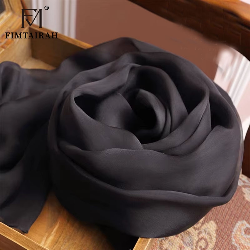 Fimchlorin-Foulard en mousseline de soie pour femme, couleur noire, 100% véritable, fine, solide