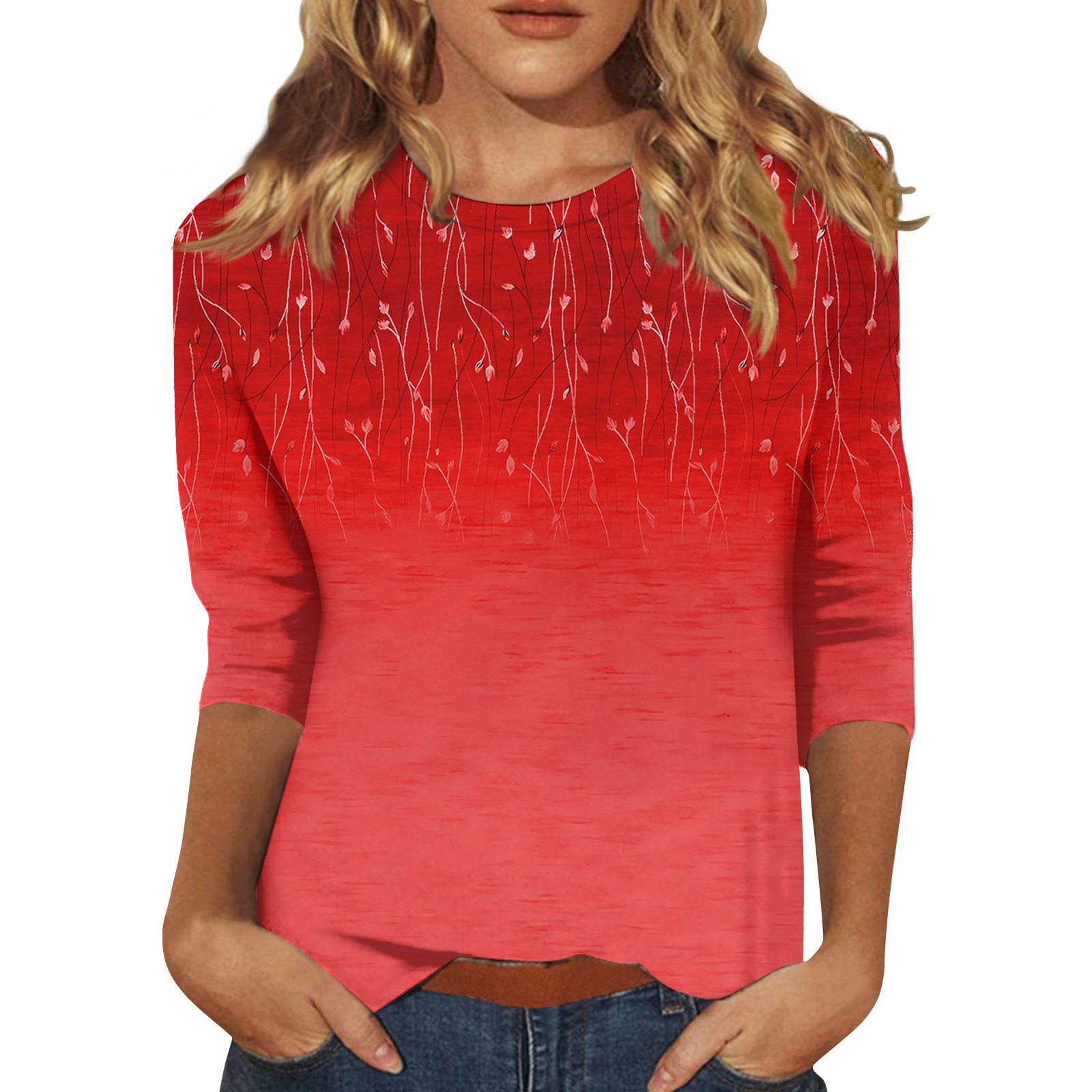 T-shirt à manches trois-quarts à col rond pour femmes, chemisier décontracté, haut imprimé, mode pour dames, été, 2024