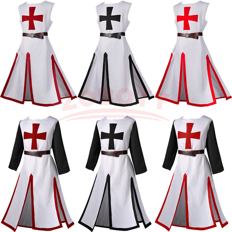 Ensemble de surchemise de chevalier templier médiéval pour homme, tunique de guerrier de la Renaissance avec ceinture, tenue de cosplay d'Halloween