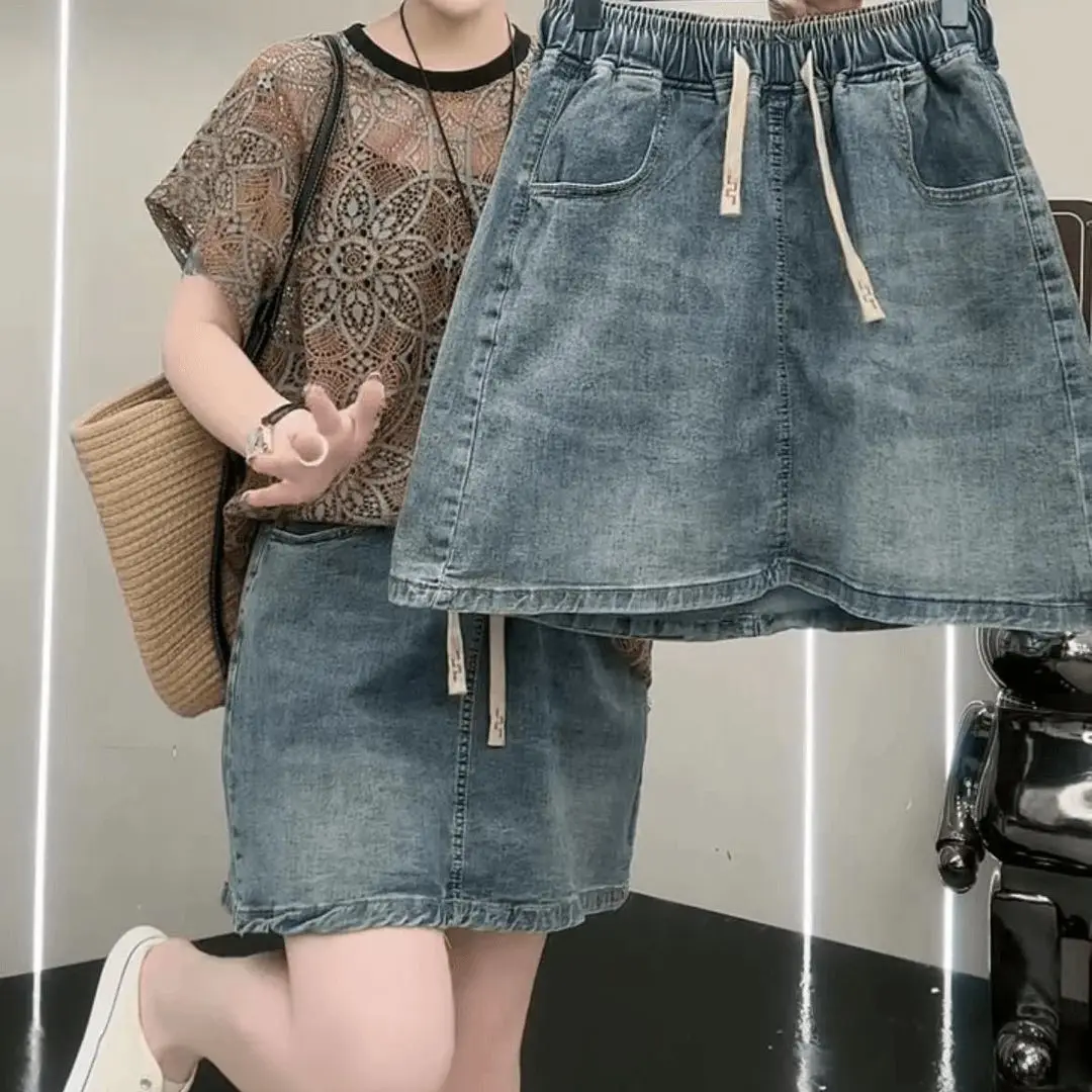 Jupe mini en jean taille haute ample et élastique grande taille, jupe mi-longue tendance au-dessus du genou pour femme ronde, jupe trapèze