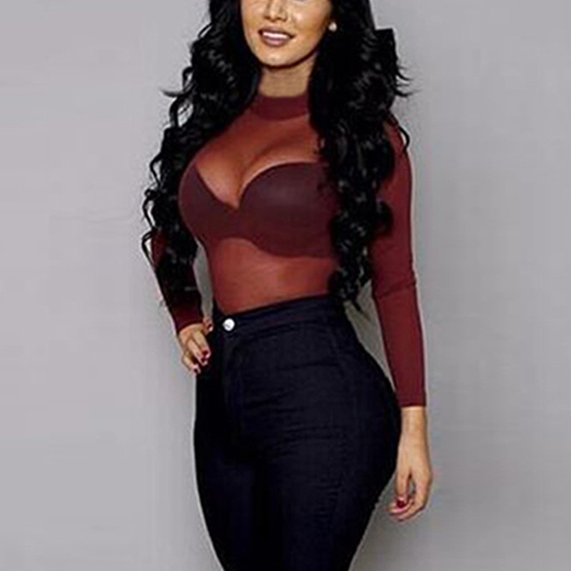 2025 Sexy femmes Blouses voir à travers maille transparente col montant à manches longues pure Blouse chemise dames hauts t-shirt