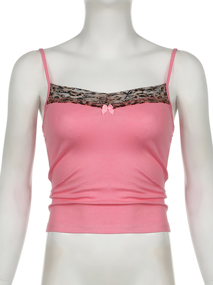Haut court imprimé léopard vintage pour femme – Sans manches, patchwork de nœud mignon, style Y2K, t-shirts décontractés