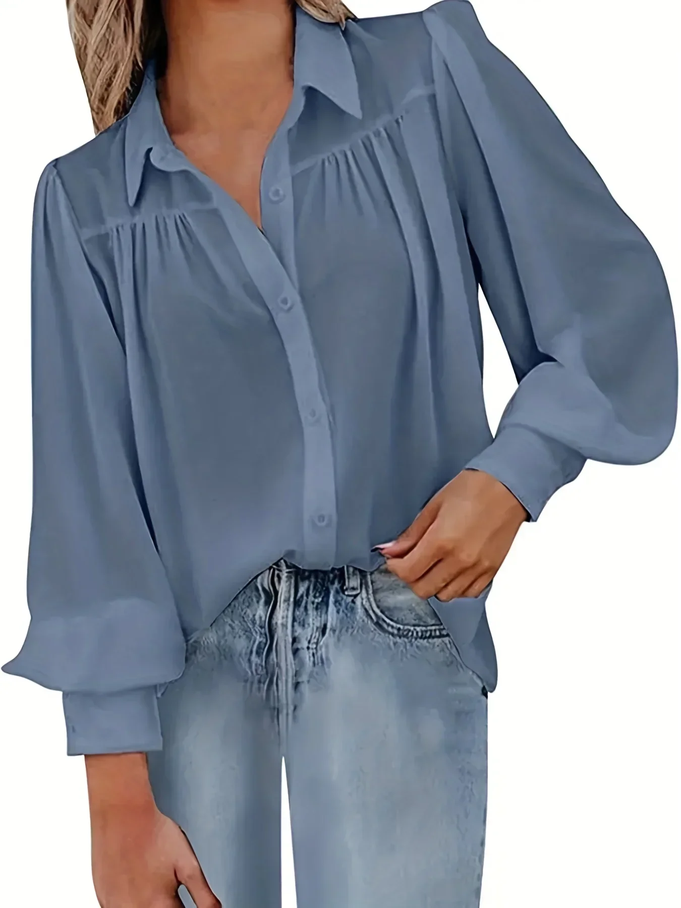 Grande taille 1XL-5XL femmes chemise unie à manches longues revers cou lâche lanterne manches Blouses nouveau automne déplacements mode chemises