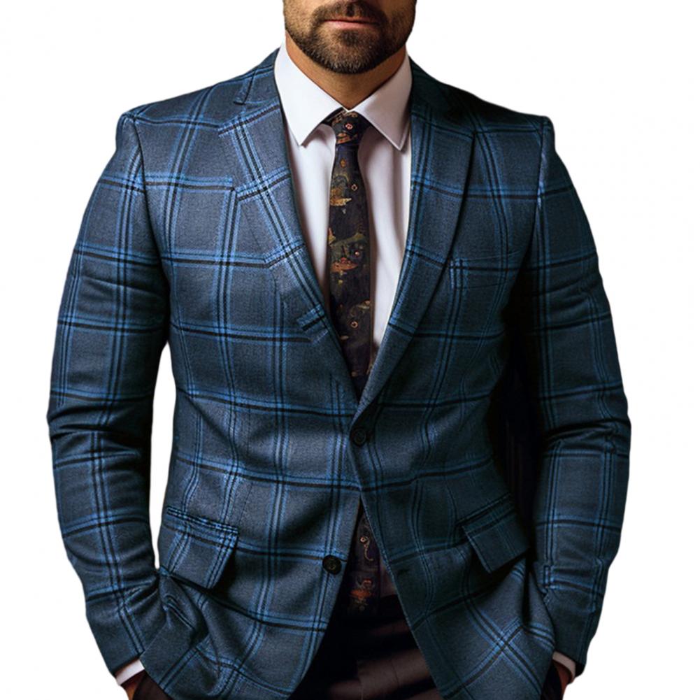 Veste de Costume Homme Formelle Style Business Coupe Slim Imprimé Carreaux Manches Longues Fermeture à Bouton Unique Longueur Moyenne Cardigan Droit Manteau de Travail