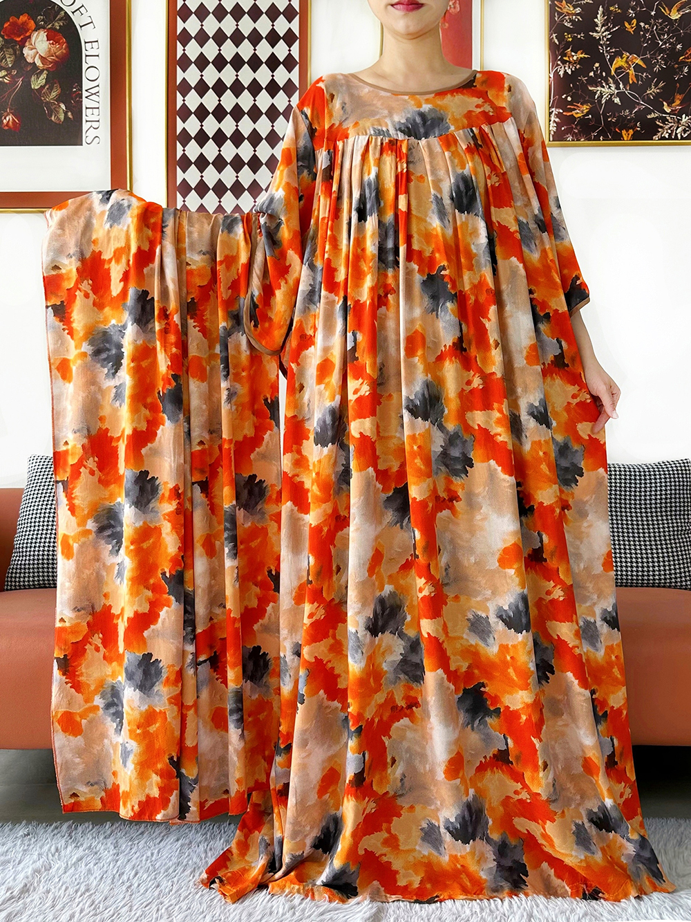 Robe Abaya pour femmes au design exclusif, ample, style africain, musulmane, avec grand foulard, imprimé tie-dye, robe maxi pour le Ramadan