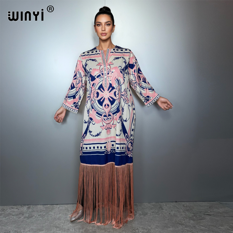 WINYI femme musulmane glands robes boho imprimé caftan robe de soirée moyen-orient femme ample vacances abaya dubaï luxe Caftan
