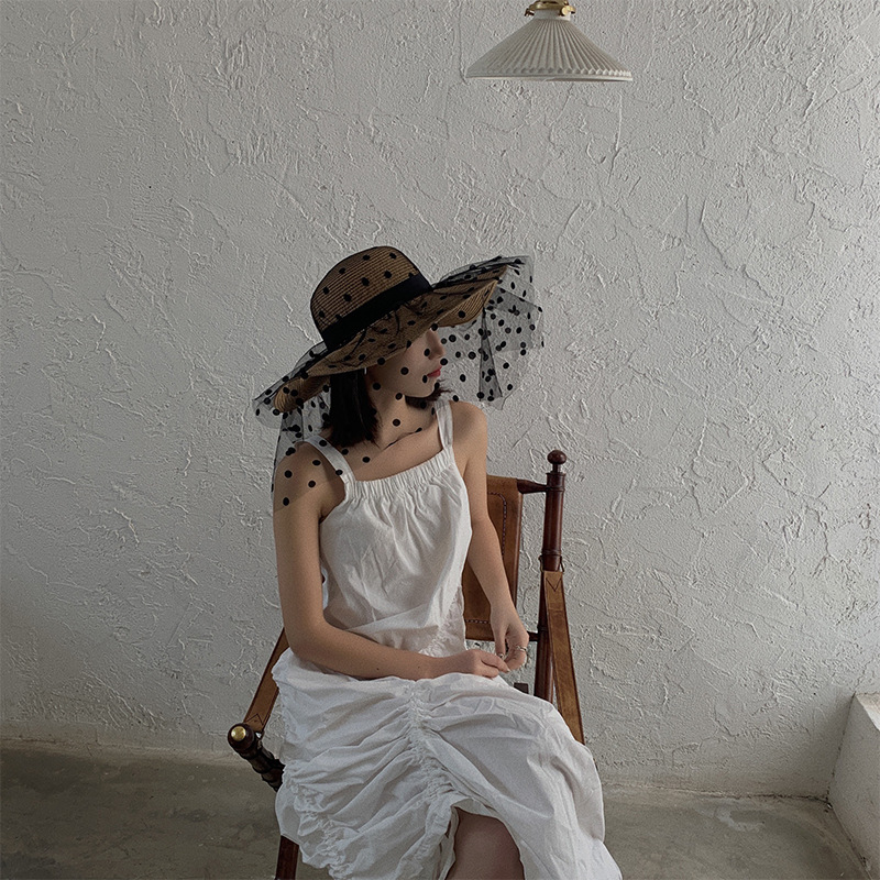Chapeaux de paille en maille de dentelle pour femmes, chapeau de soleil à large bord, protection UV pliable, pois classiques et élégants, été