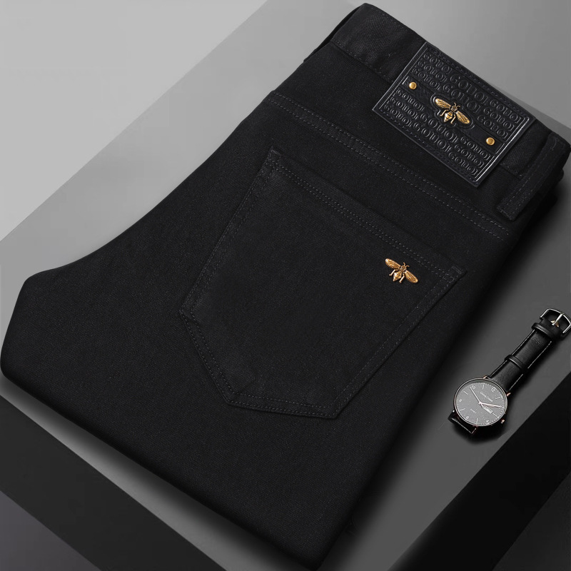 Jean noir pur pour hommes, pantalon long en denim simple, à la mode, de luxe léger, tendance, extensible, coupe slim, haut de gamme et polyvalent