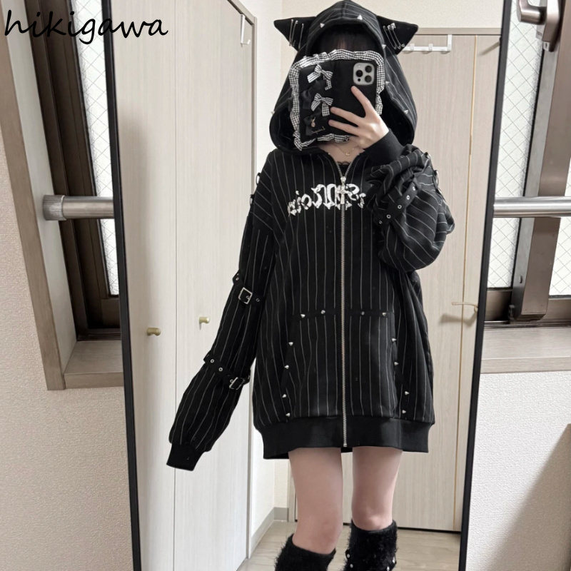 Vestes pour femmes, vestes gothiques, tops Y2K japonais, streetwear, manteaux Harajuku à rayures et rivets, 2026, Ropa Mujer, vêtements d'extérieur à rayures avec capuche à oreilles
