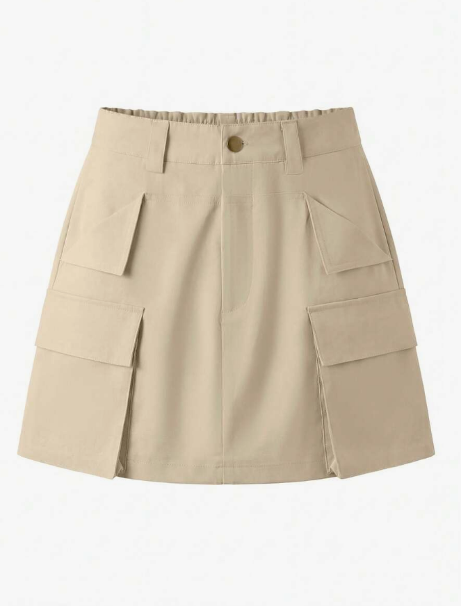 Mini-jupe tendance pour femme, tissu uni avec poches à rabat, idéale pour le shopping quotidien et les trajets domicile-travail