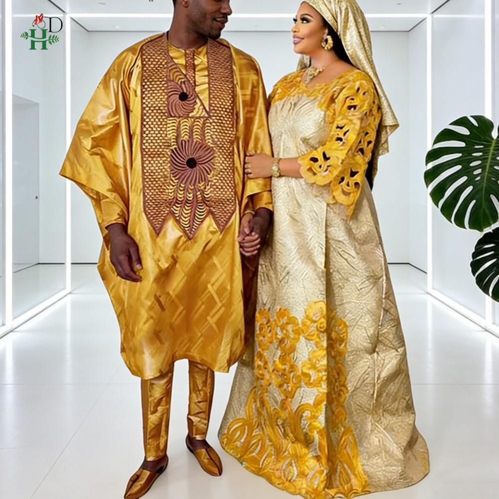 Robes africaines assorties jaunes pour couple, tenue traditionnelle Bazin Riche brodée pour homme, robe turque pour femme, robe de soirée de mariage
