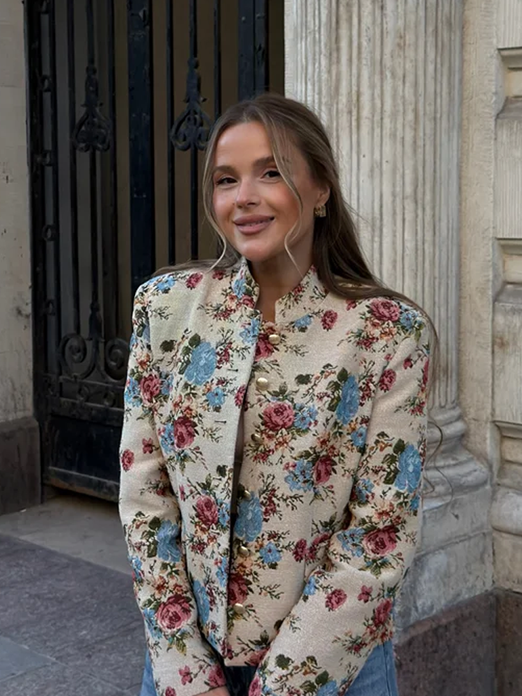 Blazer imprimé floral pour femme, col mandarin, épaulettes, veste courte à simple boutonnage, style vintage, pour l'automne et le quotidien