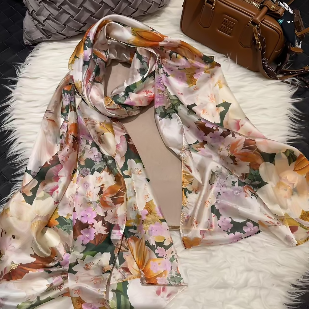 BYSIFA | Beige bleu foulard en soie châle femmes imprimé fleuri écharpe Cape automne hiver 100% mûrier soie longues écharpes été plage châles