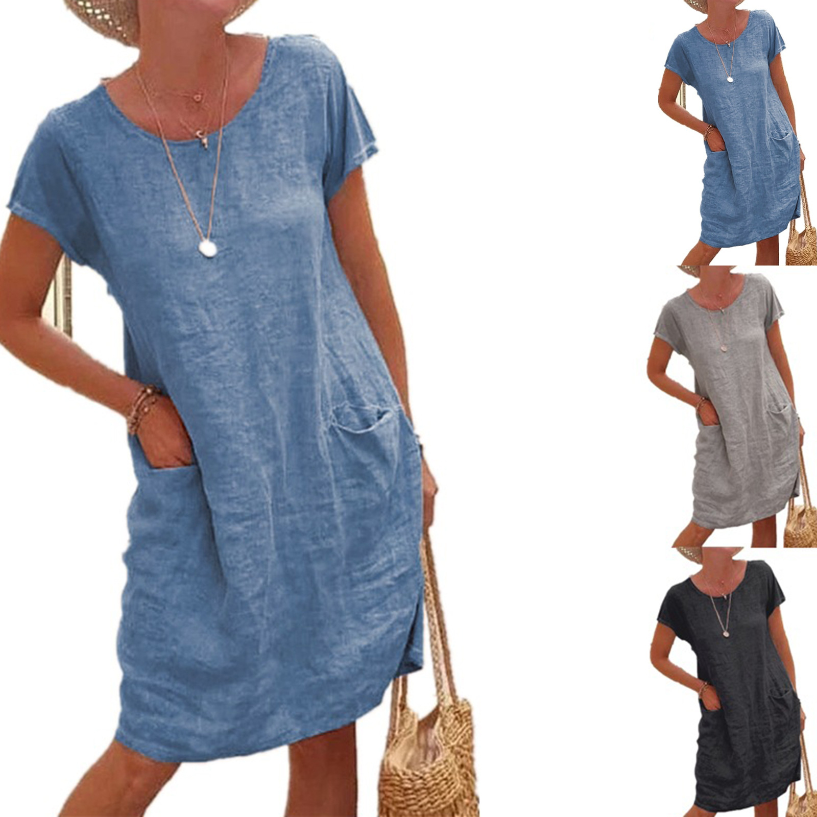 Robe mi-longue décontractée pour femmes, coton, lin, manches courtes, robes noires, été, nouveau, 2025