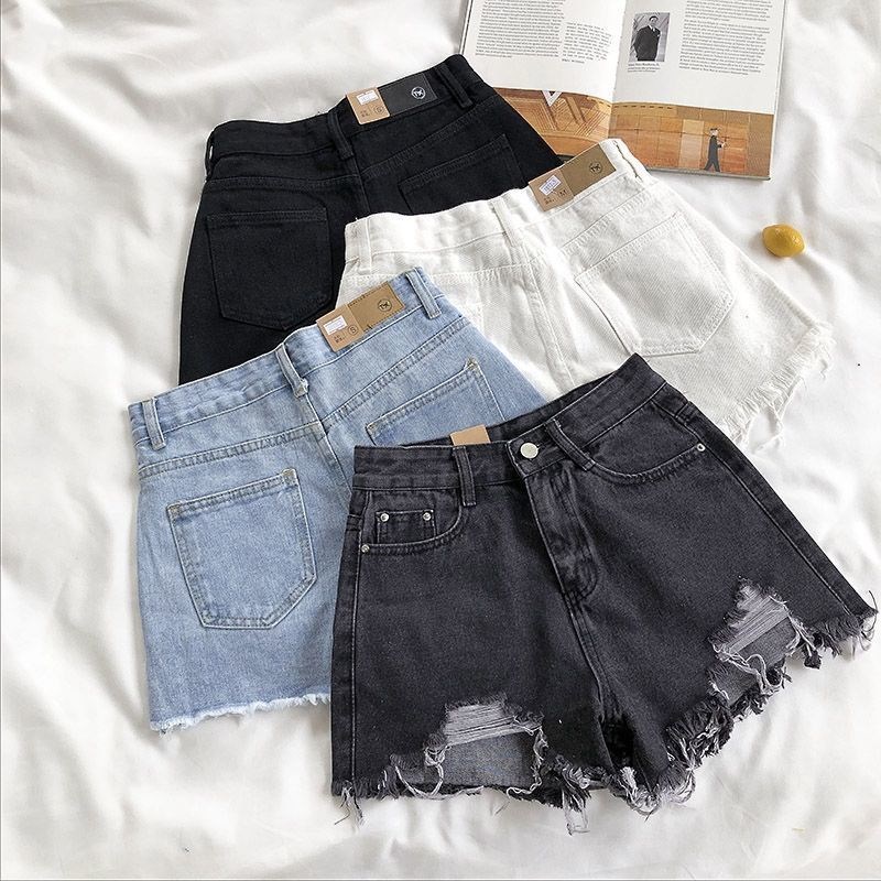Short en jean déchiré taille haute pour femme, mode coréenne d'été, jean décontracté, poche, pompon, pantalon chaud, streetwear, bleu, fjk, Y2K