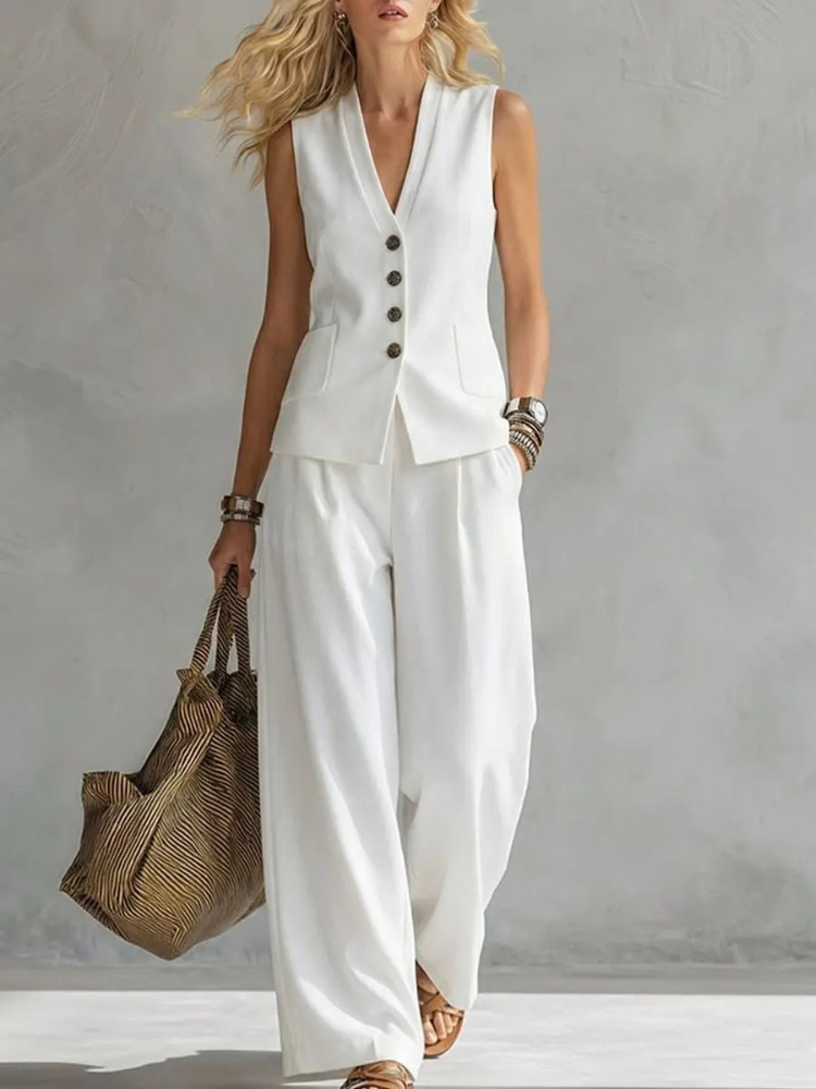 Ensemble pantalon femme deux pièces, débardeur col en V sans manches, pantalon long large taille haute, style Y2K streetwear élégant et décontracté 2026