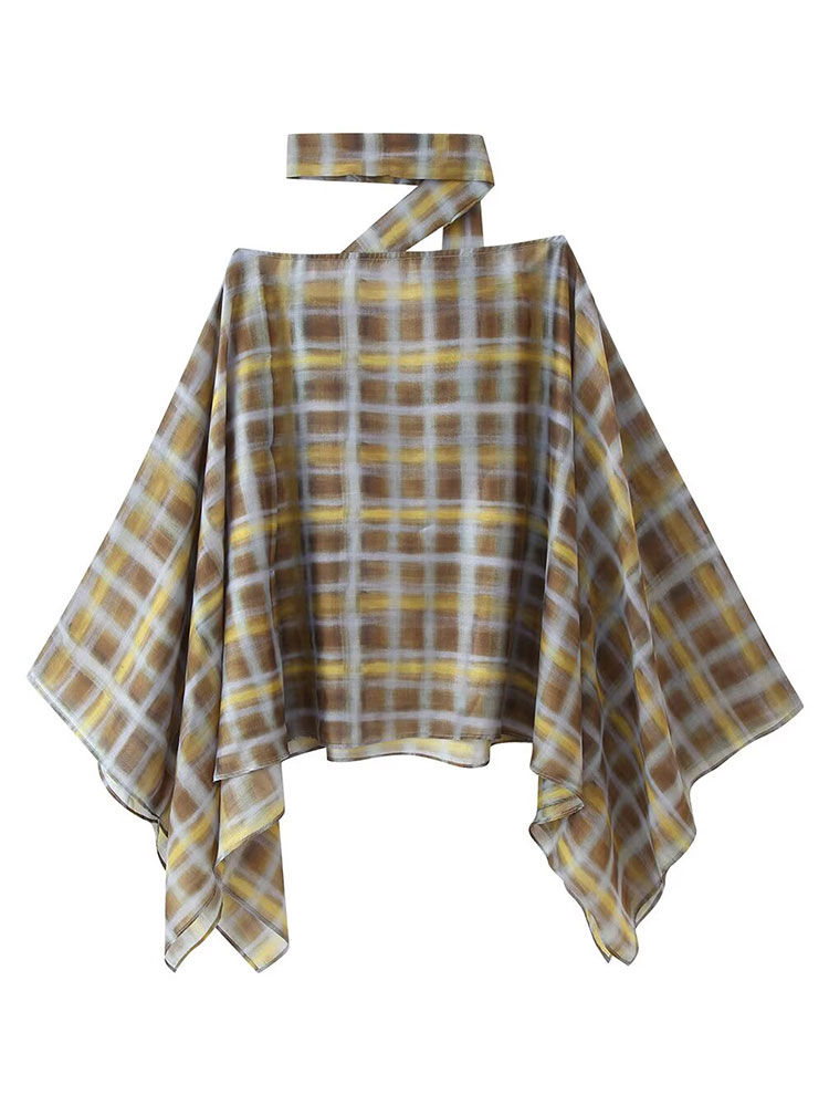 HH femmes décontracté ample mince cape manteaux chemise Plaid asymétrique Blouse avec écharpe 2026 tendance vacances d'été dame Chic hauts