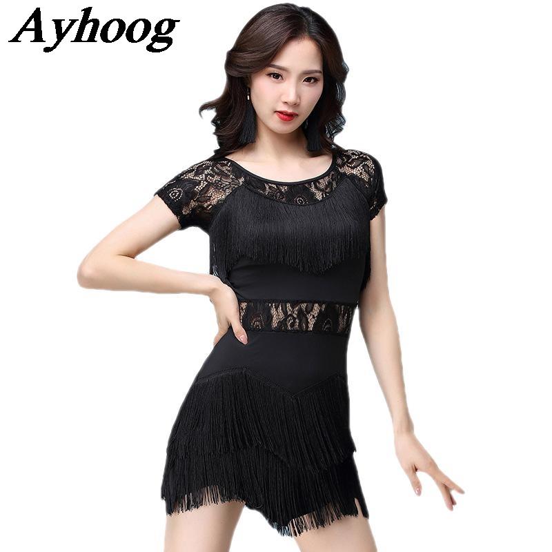 Robe de danse latine sexy pour femmes, avec empiècements en maille et franges, robe courte pour compétition de danse de salon pour adultes, tenue dynamique à franges