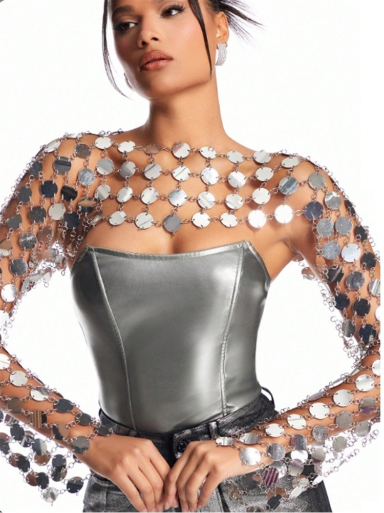 Haut à manches longues avec décor à paillettes pour femmes, haut métallique solide, magnifique festival de musique, club, fête, date, nuit, Rotterdam, kly Cover-Up
