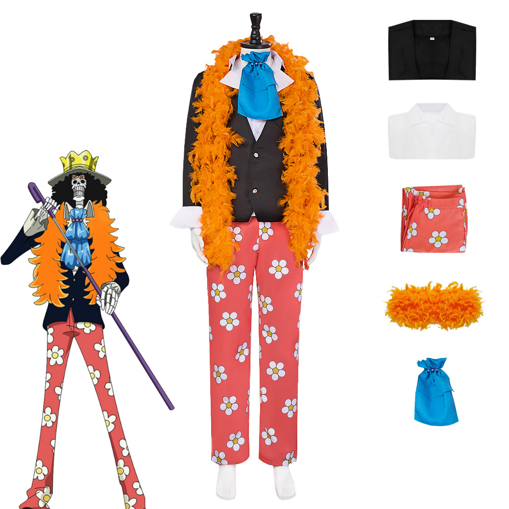 Costumes de Cosplay Anime Soul Emperor Brook, uniforme noir, costume écharpe Orange, pantalon, tenue de jeu de rôle, fête de carnaval d'halloween pour hommes